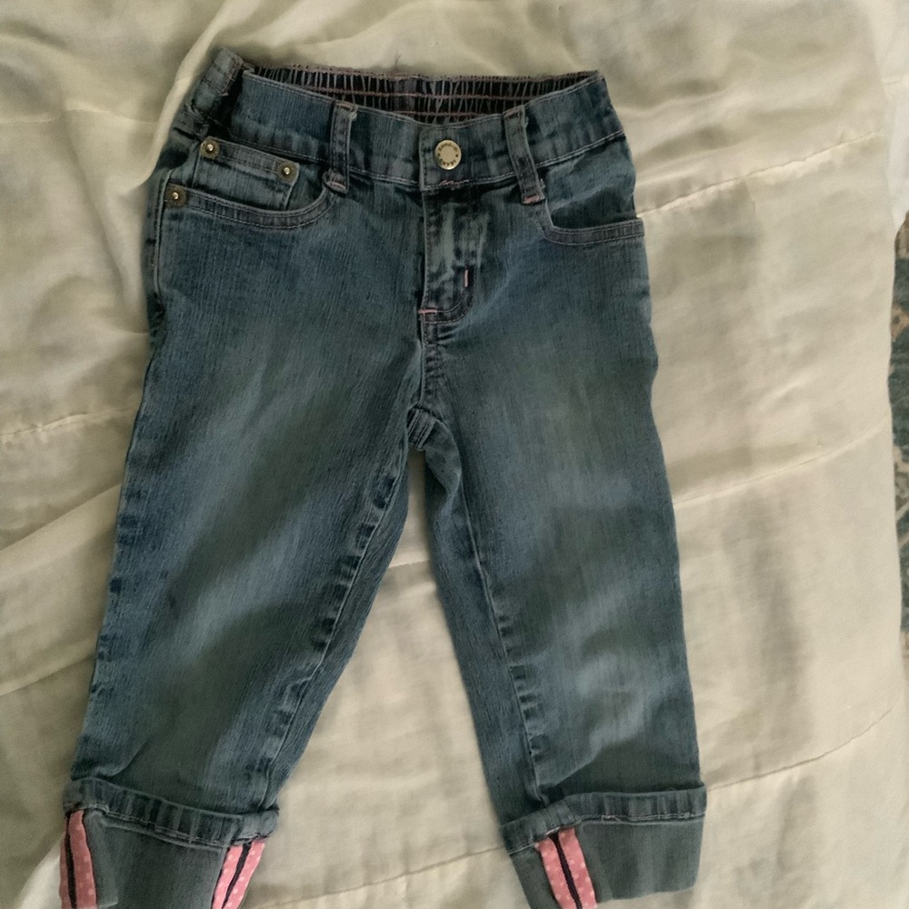 Vintage Zana Di Kids Sz 5 Toddler Denim Cuffed Jean Capri Pants Y2k Pink Accents